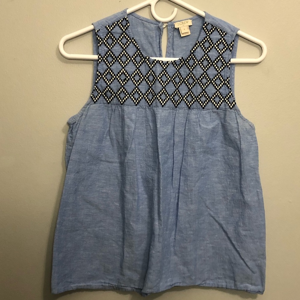 J. Crew, Blue tank top with black and white pattern, Size 6